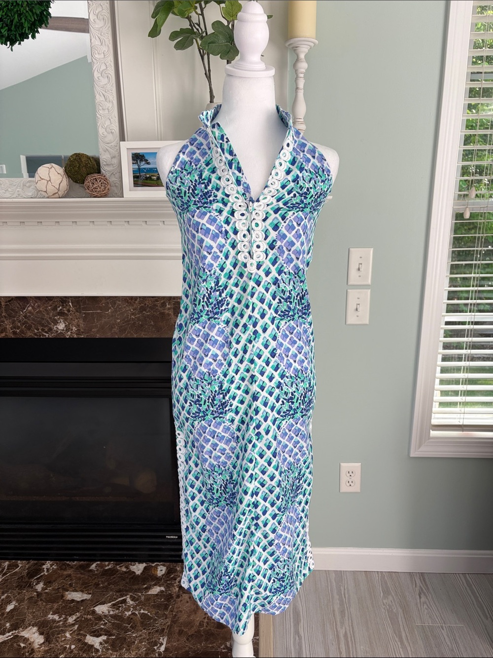 Lilly Pulitzer Blue Green White Patterned Maxi Dress